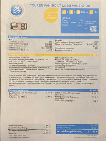 Полуинтегрированный автодом Knaus Tourer Van 500 LT, slide Bett, Tageszulassung: фото 20