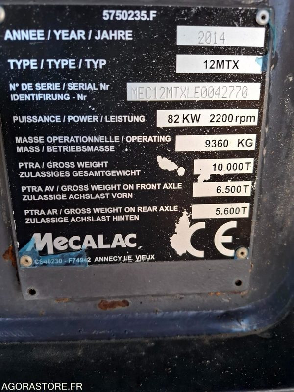 Экскаватор Pelle sur pneus MECALAC 12MTX - N° série  42770 - 2014 - 11400 heures: фото 8